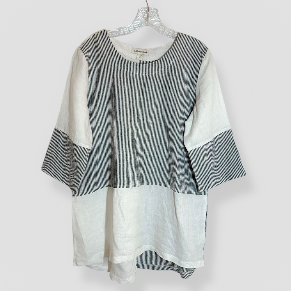 Coldwater Creek Size Petite Medium Tunic 100% Linen White/Black Stripes Casual
